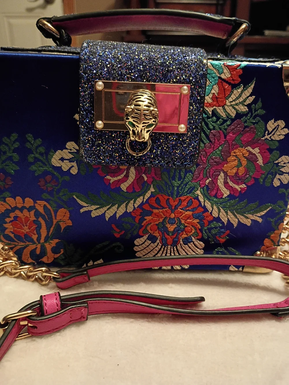 Aldo Asian Inspired BrocadeBlue Floral Box Crossbody with Gold Hardware